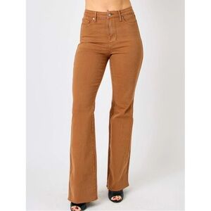 🟠JUDY BLUE High Waisted Tummy Control Raw Hem Flare Jeans in Dark Caramel 16W
